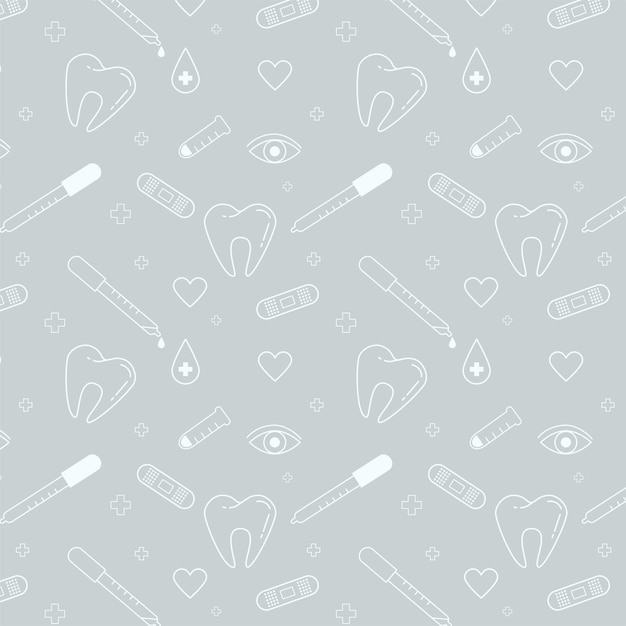 Pattern with images of a tooth of pipettes and a plaster as well as an eye drop and a medical vessel and crosses