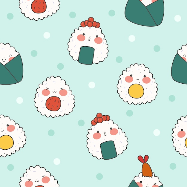 Pattern with kawaii onigiri Cute rice balls with different emotions Traditional Japanese food