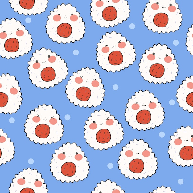 Pattern with kawaii onigiri Cute rice balls with different emotions Traditional Japanese food