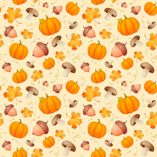 Vector pattern with leaves, acorns and pumpkins.