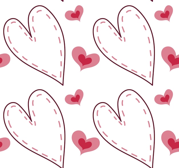 Pattern with linear handdrawn hearts in doodle style Seamless pattern in vector Valentine's Day