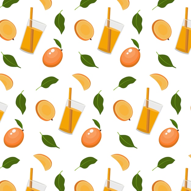 Pattern with mango and mango juice on a light background