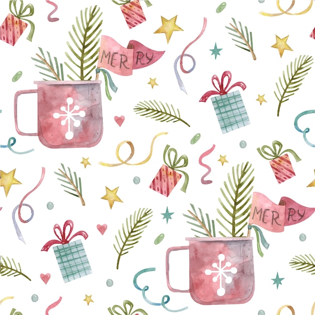 Pattern with a mug and gifts for Christmas