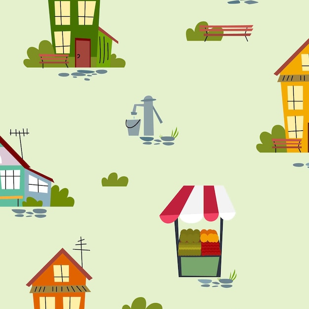 Pattern with multicolored houses on a green background