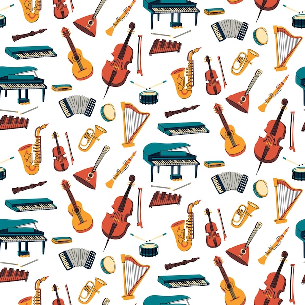 pattern with musical instruments colored flat illustrations guitar synthesizer violin cello cymbals