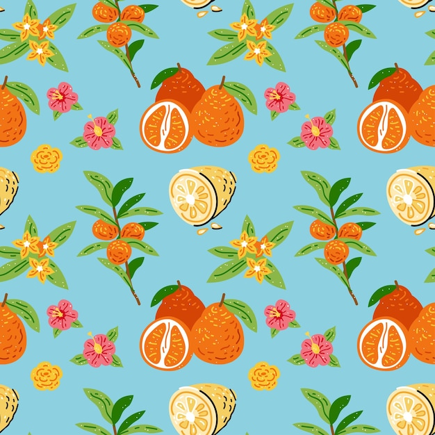 Motivo con arance, frutta e fiori luminoso senza cuciture per il design della cucina