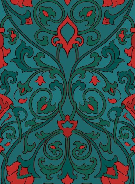 Vector pattern with ornamental flowers. green and red filigree ornament.