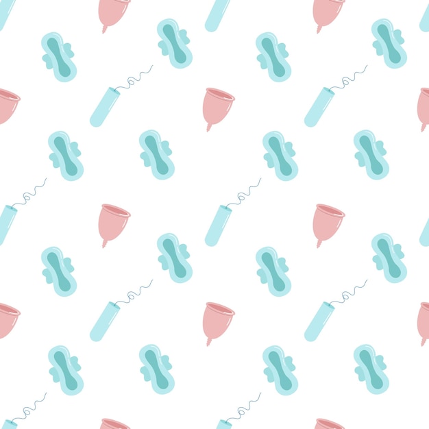 Pattern with pads, tampons and a menstrual cup. Pattern on the theme of the mentrual cycle. Vector illustration.