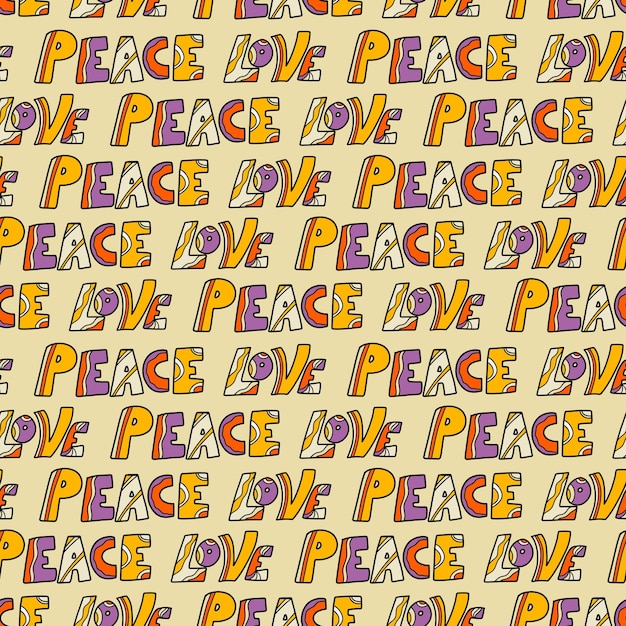 A pattern with peace and love inscriptions in the style of  a handdrawn vector pattern