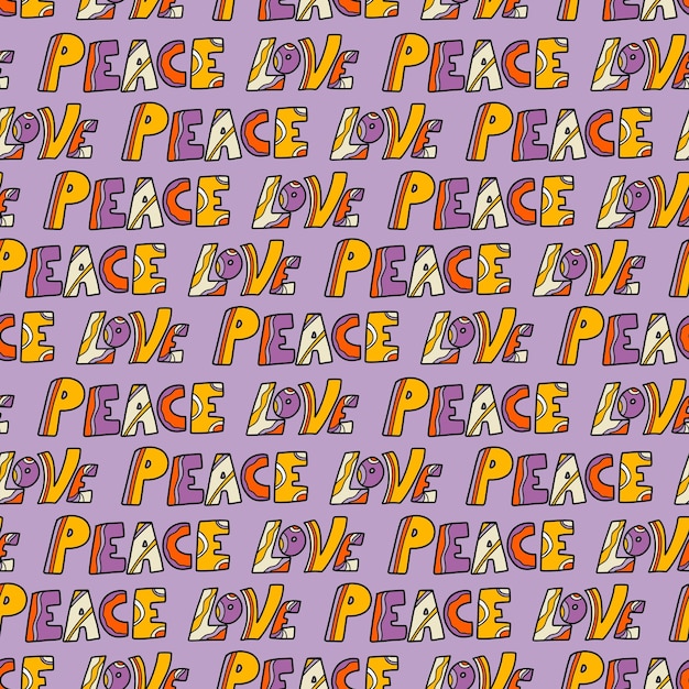 A pattern with peace and love inscriptions in the style of a handdrawn vector pattern