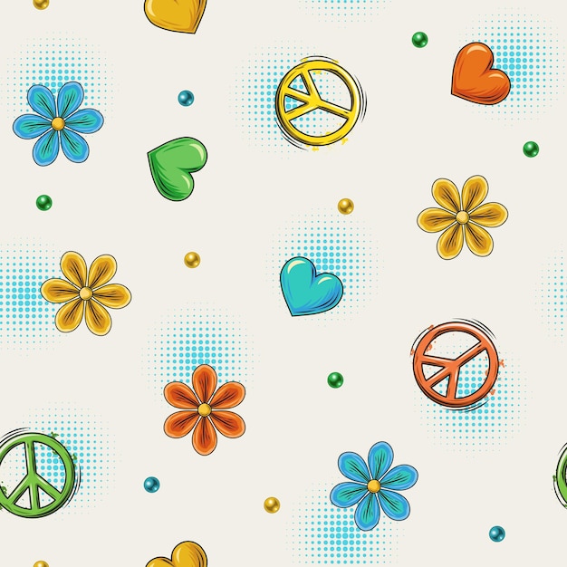 Pattern with peace sign chamomile flower hearts