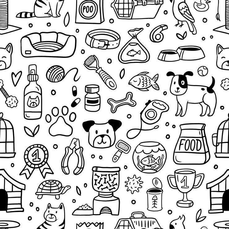 Vector pattern with pet elements in doodle style