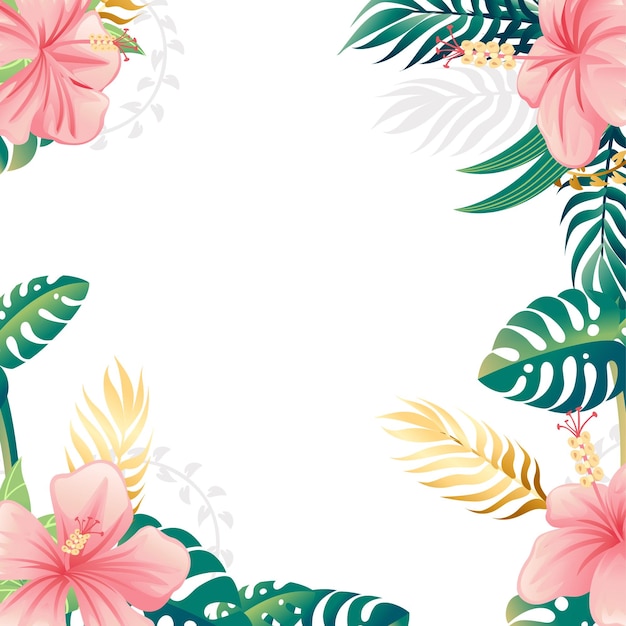 Pattern with pink flowers and green tropical leaves flat vector illustration on white background