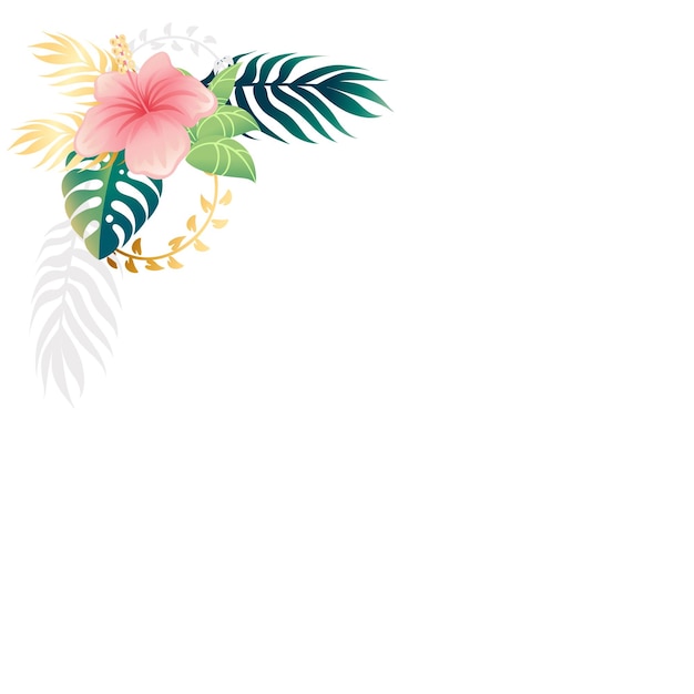 Vector pattern with pink flowers and green tropical leaves flat vector illustration on white background