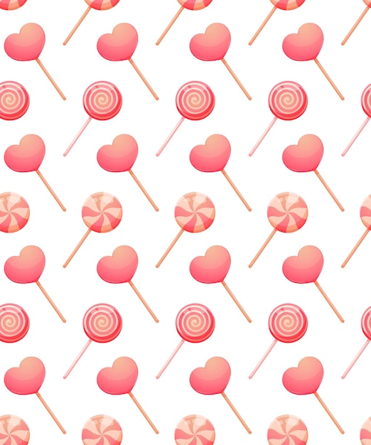 Pattern with pink lollipops sweets for Valentine's Day on white background