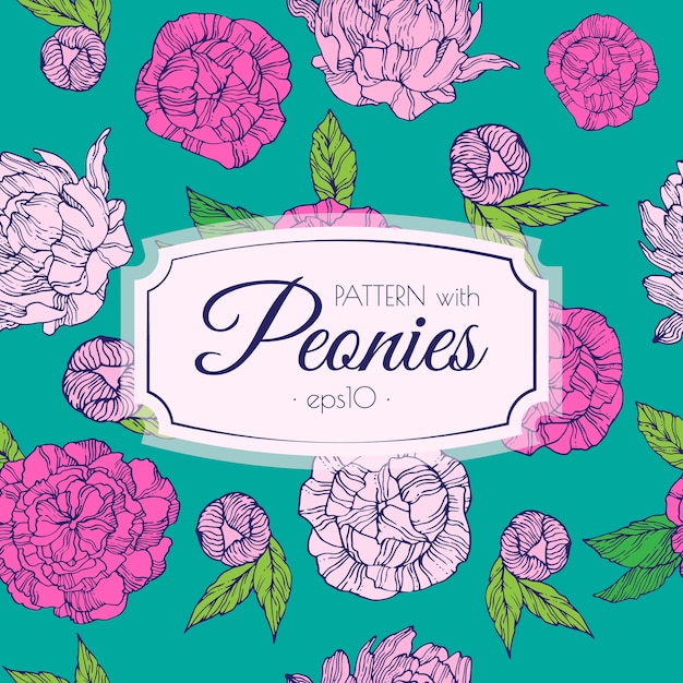 Pattern with pink peonies on turquoise background