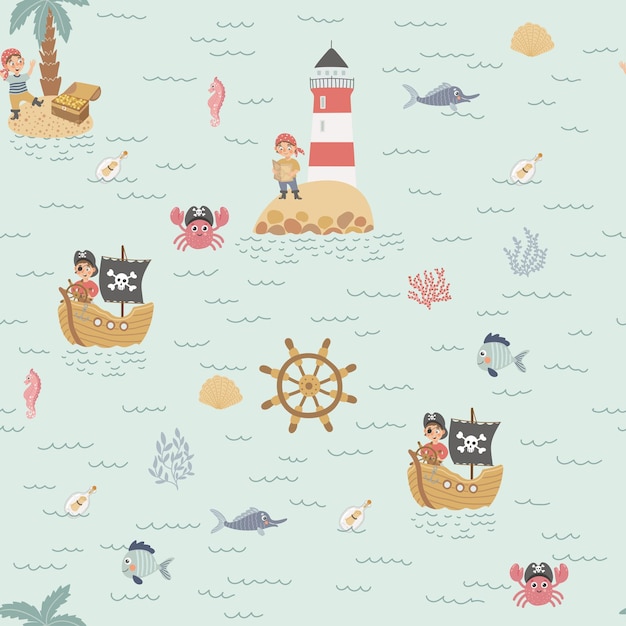 Pattern with pirates and sea design elements