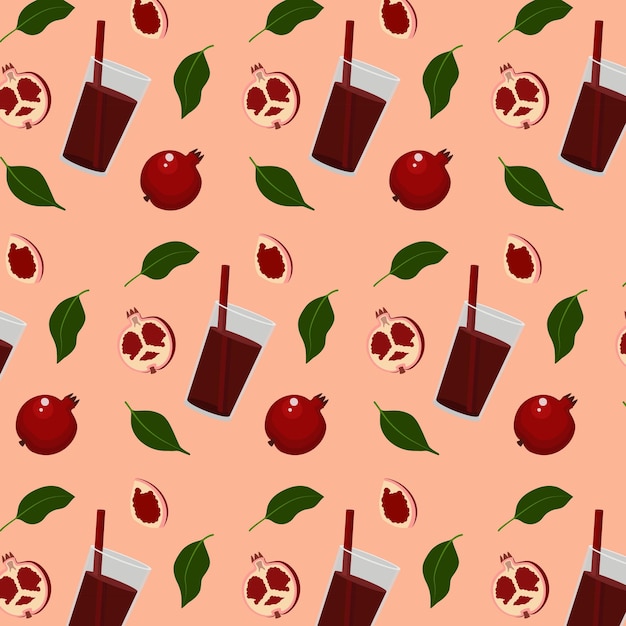 Pattern with pomegranate and pomegranate juice on a light background