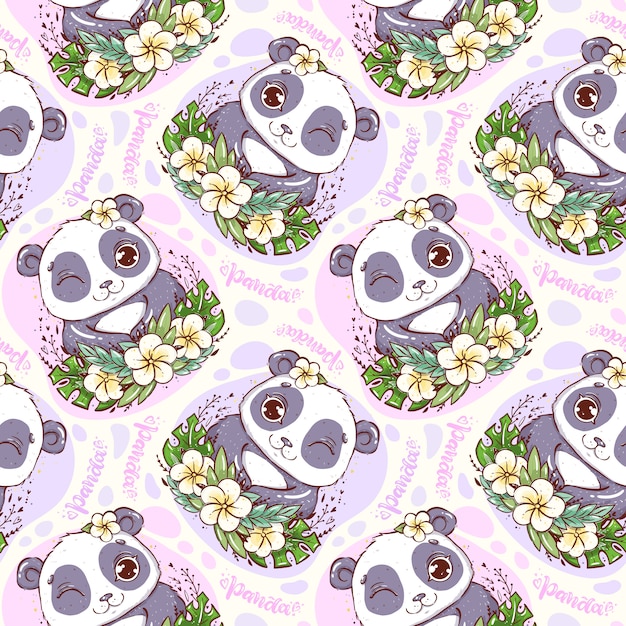 Vector pattern with portrait of a baby panda with tropical leaves and flowers.