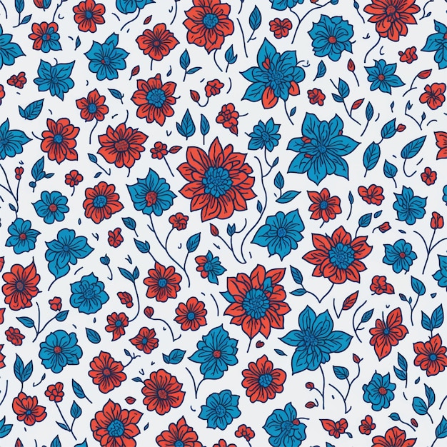 A pattern with red and blue flowers on a white background.