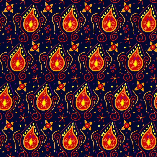 Vector a pattern with a red and yellow flame and a yellow circle on a dark background.