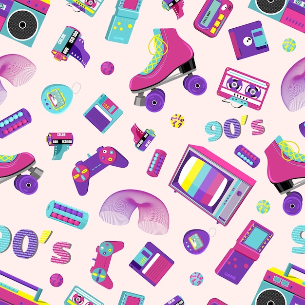 Vector pattern with retro badges with roller skates cassette players and other items in colorful 80s90s