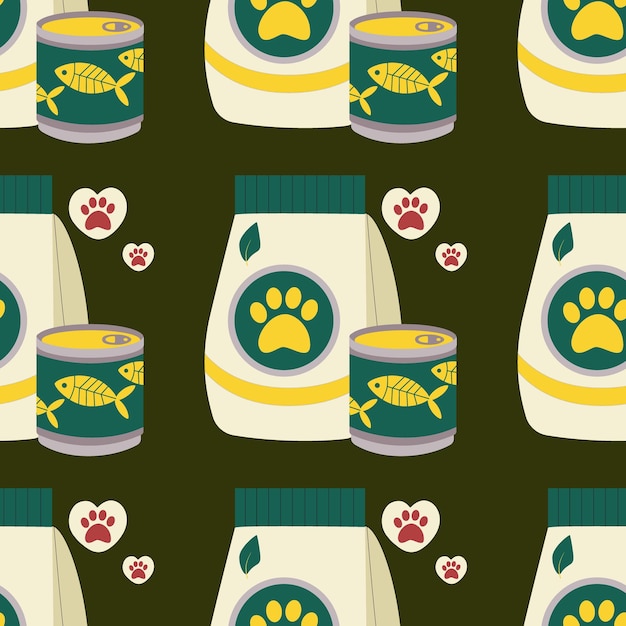 Vector pattern with a set of food for animals cats dogs canned food fish pet care