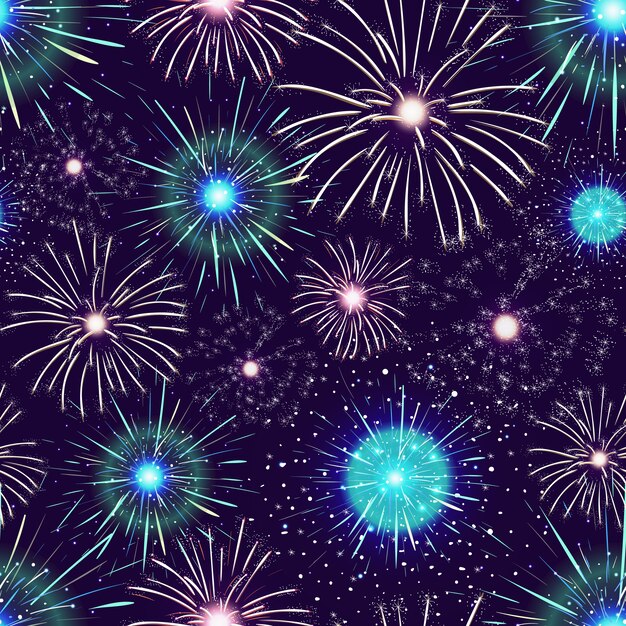 Pattern with spectacular colorful fireworks displayed in dark night sky.