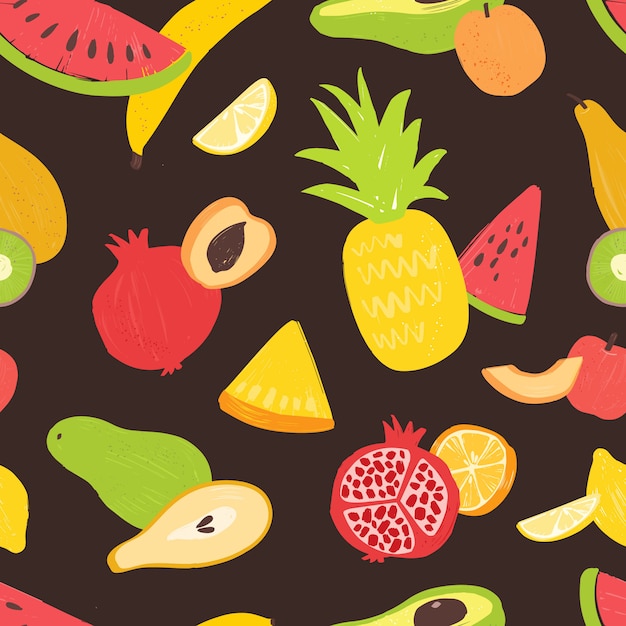 Pattern with sweet tasty organic ripe fruits on black background.