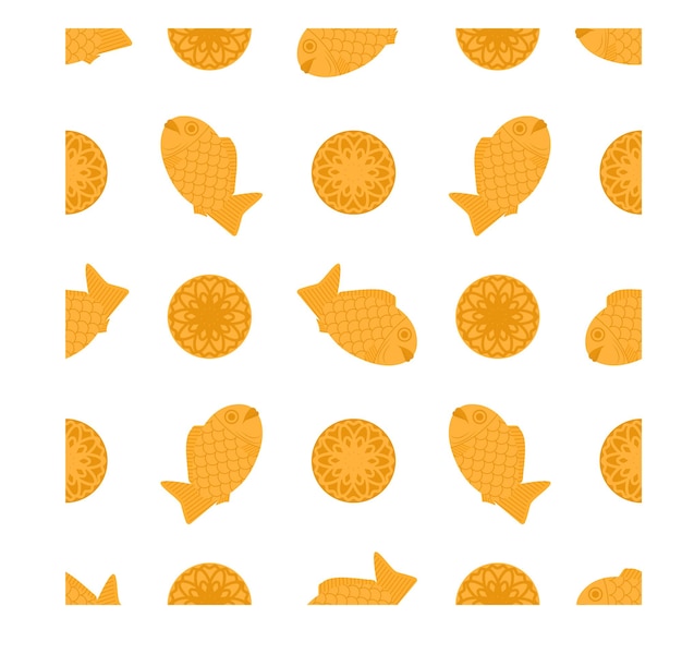 Vector pattern with taiyaki and mooncakes seamless texture with asian bakery products