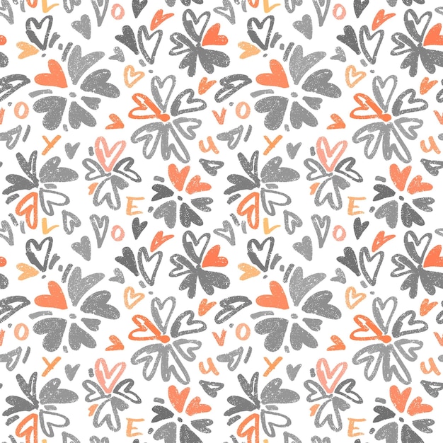 Pattern with textured hearts in flower shapes Seamless vector background Repeatable hand drawn backdrop