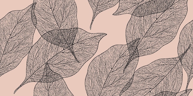Vettore motivo con foglia lineare testurizzata su sfondo beige contorno foglie trasparenti