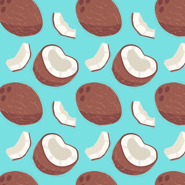Pattern with textured whole and pieces of coconut on blue background.