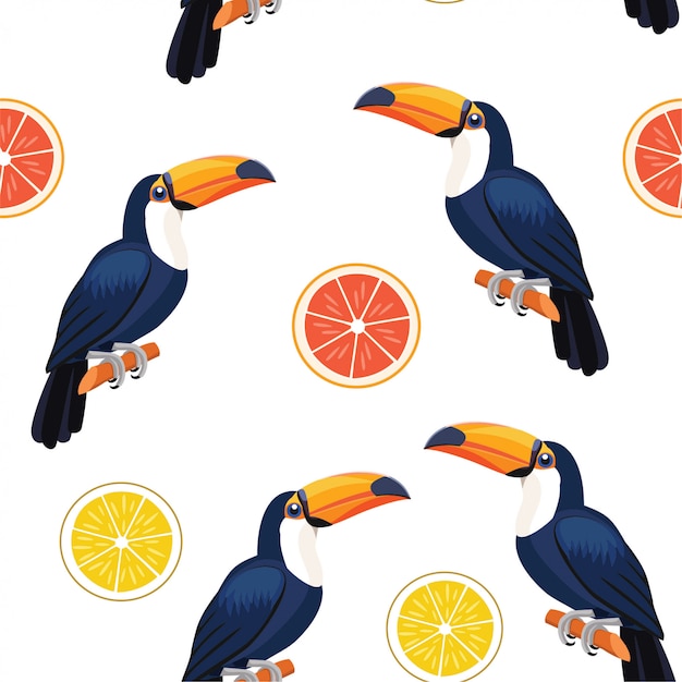 Pattern with toucan and citrus.