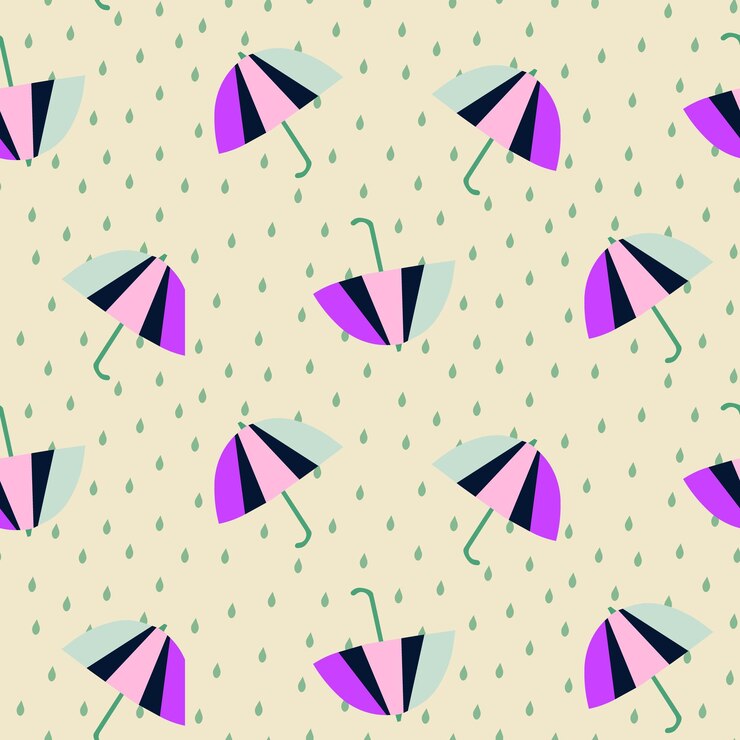 Vector pattern with umbrellas and purple and green dots