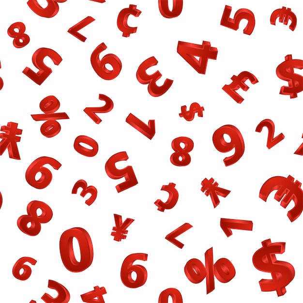 Pattern with volumetric numbers in red on a white background for printing on paper, textiles. Vector illustration.