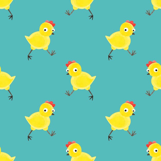 A pattern with a walking little chicken seamless pattern of funny yellow chickens handdrawn watercolor texture with cute birds on a green background for textiles prints and childrens design