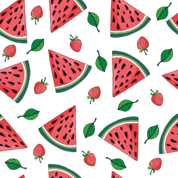 Pattern with watermelon leaves and strawberries