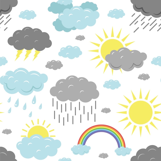 pattern with weather conditions thunderstorm sun rain and rainbow