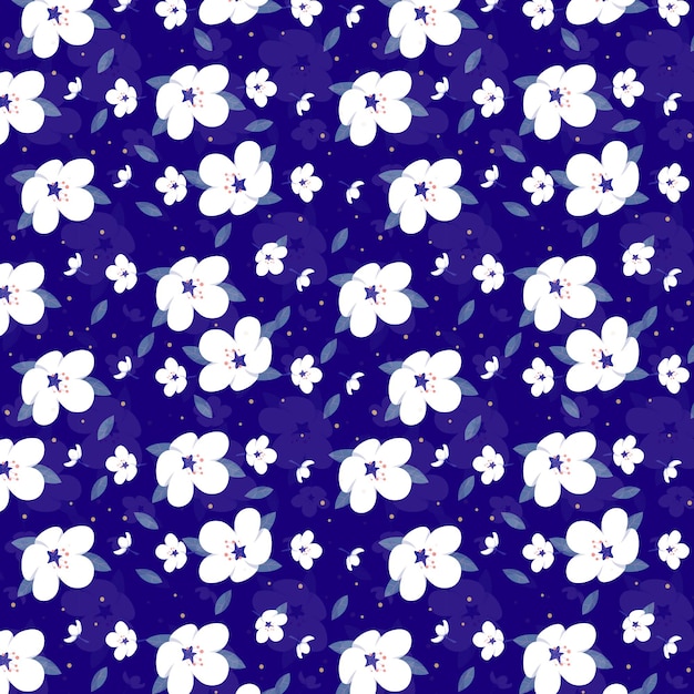 A pattern with white flowers on a blue background.