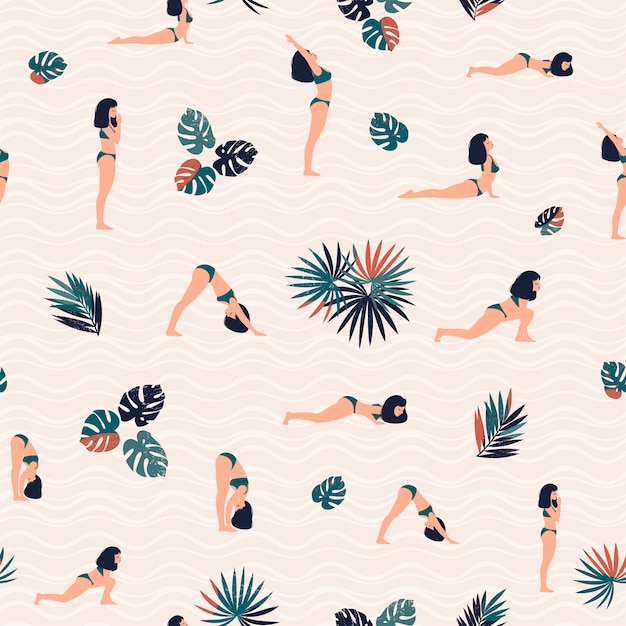 Pattern with woman doing yoga and tropical leaves.