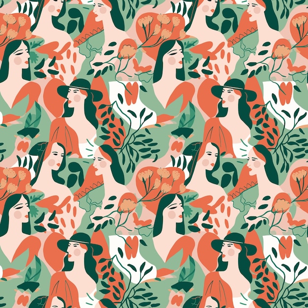 A pattern with a woman and flowers