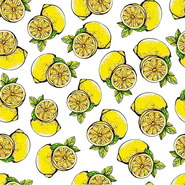 노란색 레몬 전체와 얇게 썬 그림이 있는 패턴
