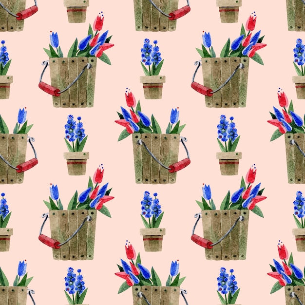 Pattern of wooden buckets and hyacinths