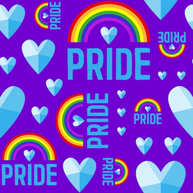 A pattern of words of pride and crystal hearts Vector seamless pattern of the words pride Pride of lesbian gay bisexual transgender On a purple background A symbol of the LGBT community