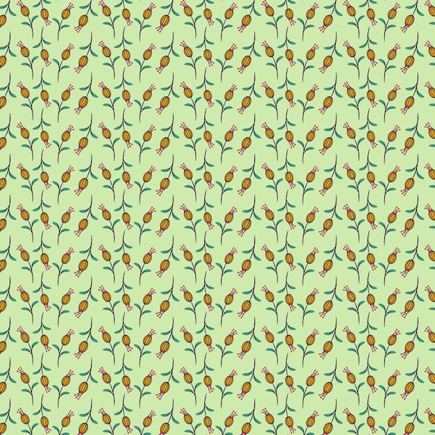 A pattern of yellow flowers on a green background