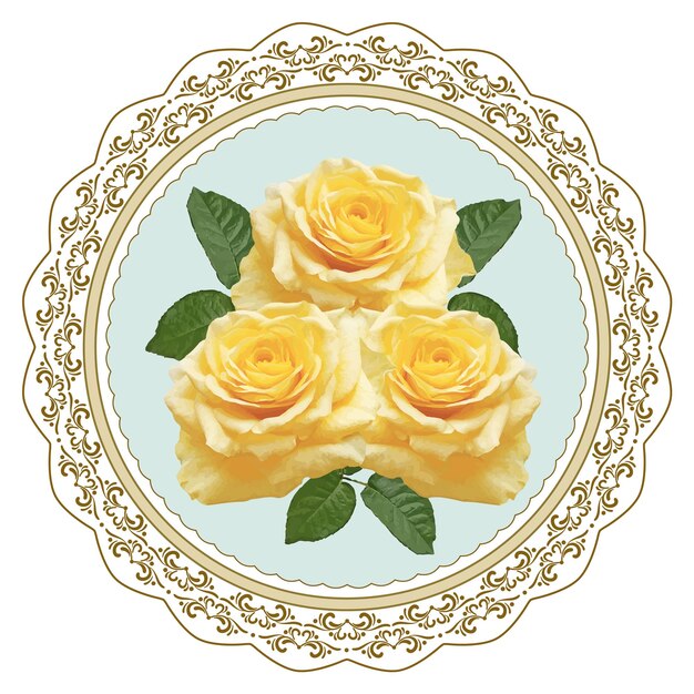 Patterned plate with yellow roses and ornament for handmade in shabby chic style Decoupage card