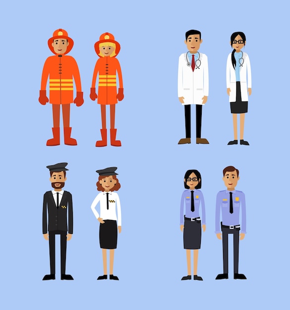 Vector patterns of policemen, firemen, doctors and taxi drivers. vector illustration.