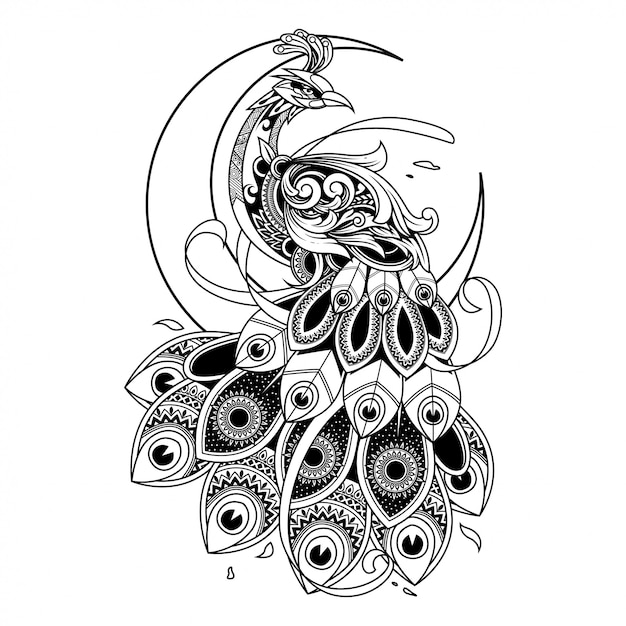 Pauw doodle ornament illustratie, tatoeage en t-shirt design