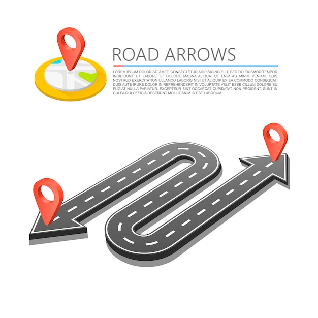 Paved path on the road, road arrow location. vector background